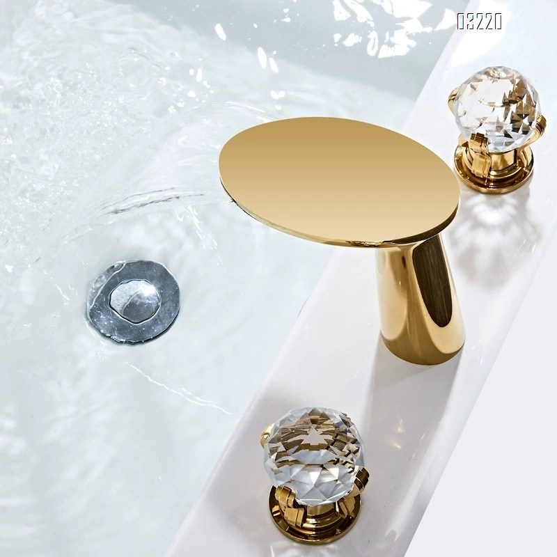 Bathroom golden full Brass crystal double handle three-hole wash basin cold and hot water faucet separate faucet waterfall outlet