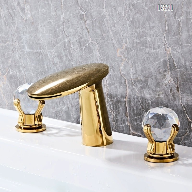 Bathroom golden full Brass crystal double handle three-hole wash basin cold and hot water faucet separate faucet waterfall outlet