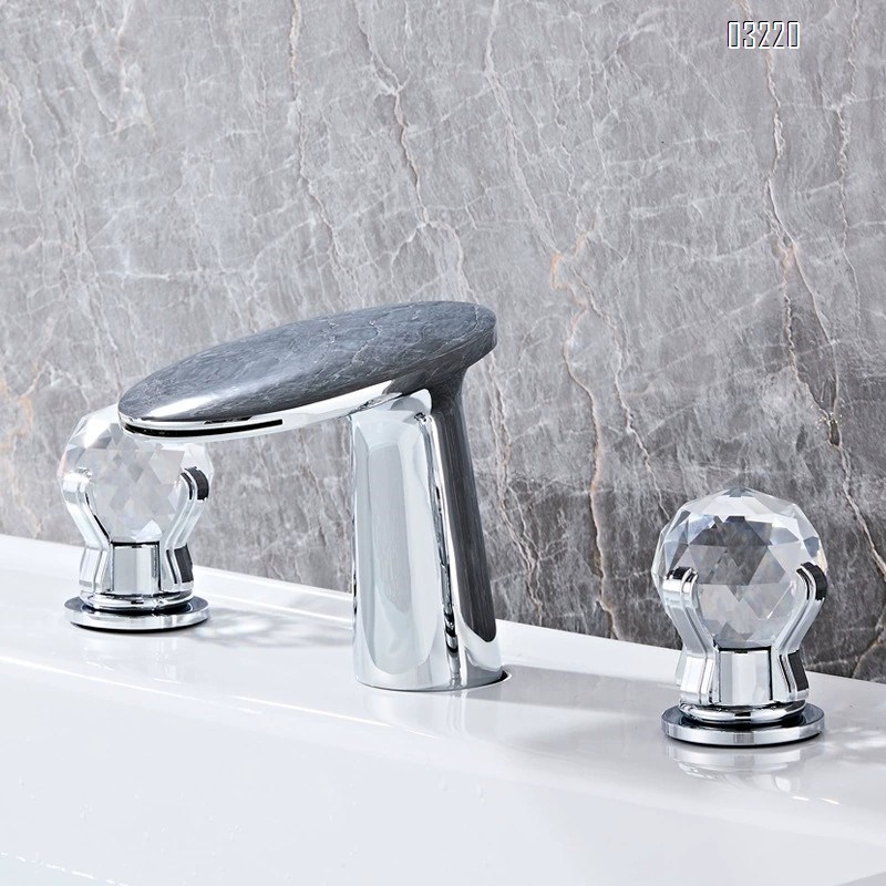 Bathroom golden full Brass crystal double handle three-hole wash basin cold and hot water faucet separate faucet waterfall outlet
