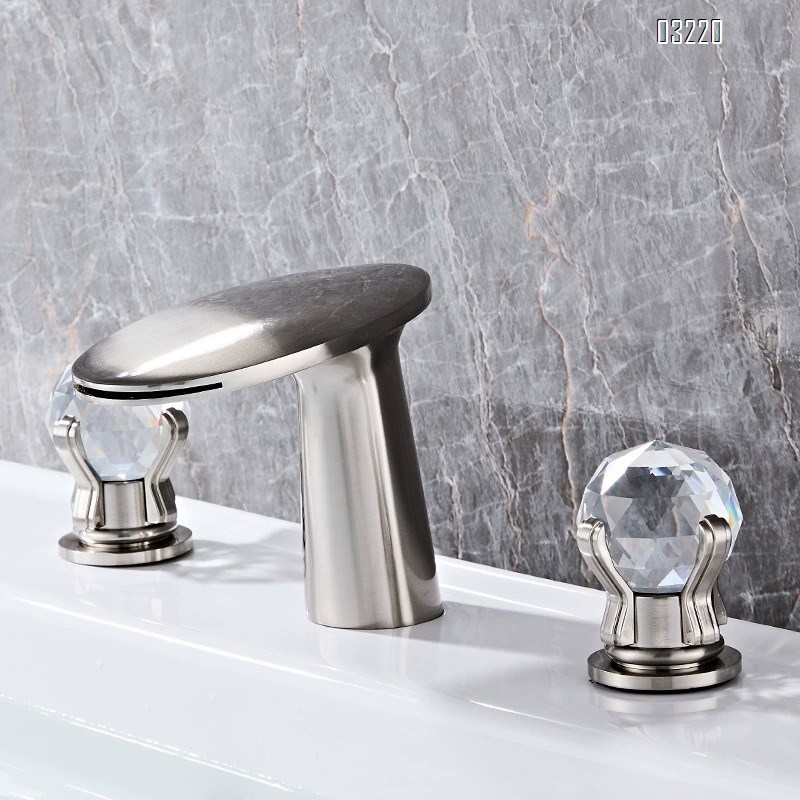Bathroom golden full Brass crystal double handle three-hole wash basin cold and hot water faucet separate faucet waterfall outlet