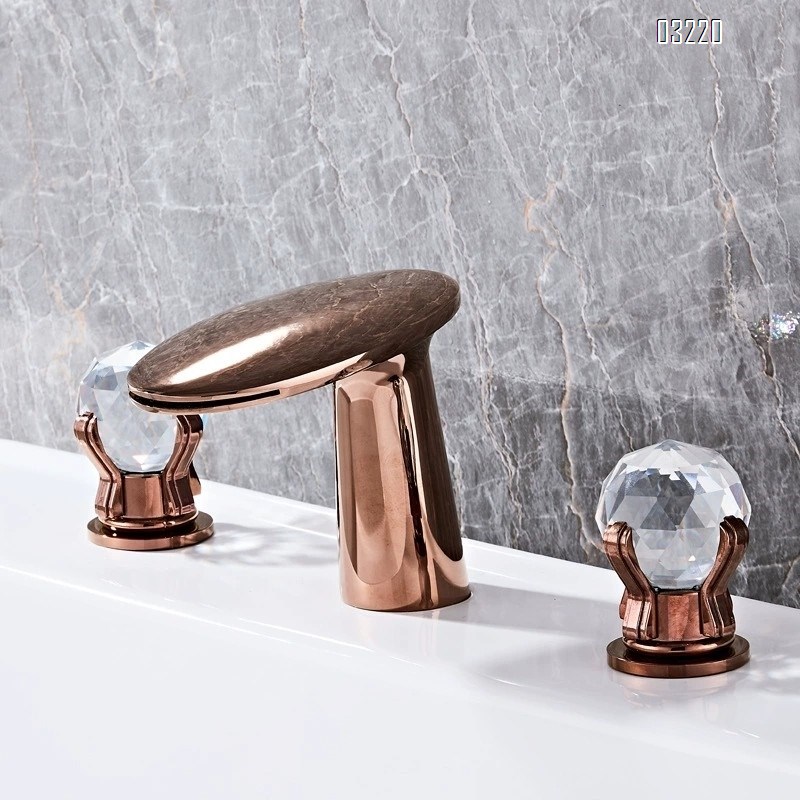 Bathroom golden full Brass crystal double handle three-hole wash basin cold and hot water faucet separate faucet waterfall outlet