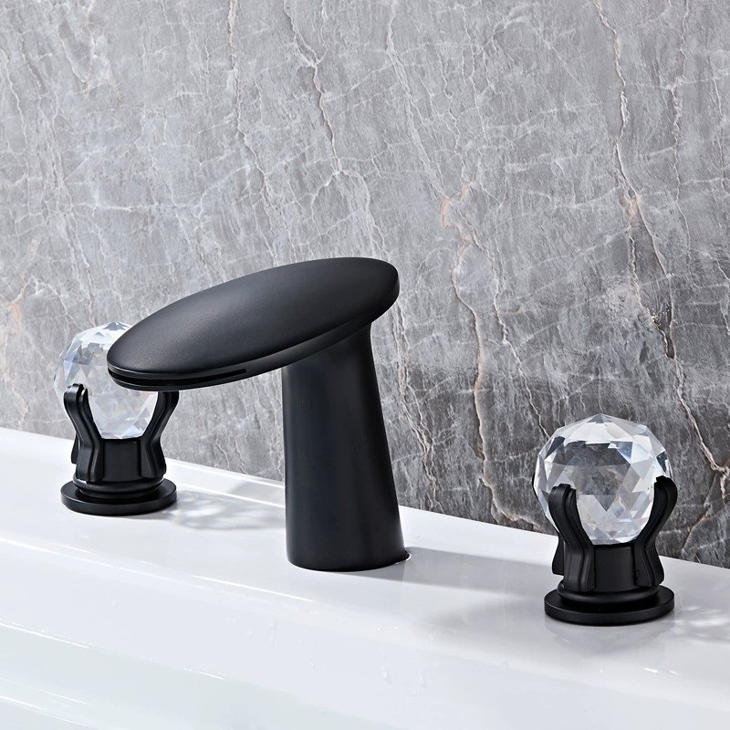 Bathroom golden full Brass crystal double handle three-hole wash basin cold and hot water faucet separate faucet waterfall outlet
