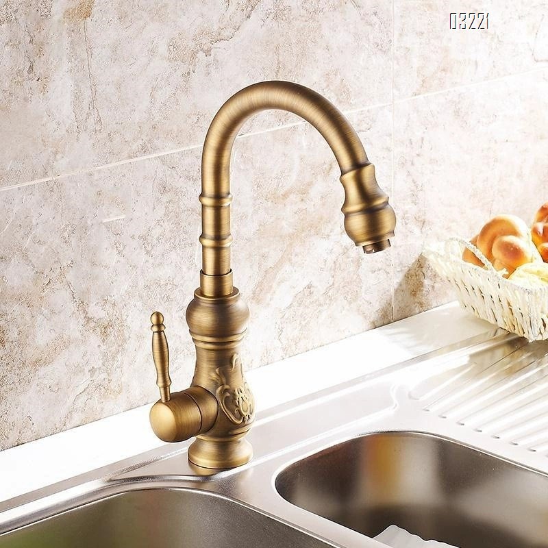 European style pure Brass vintage cold and hot kitchen sink faucet American style antique countertop basin with high basin faucet