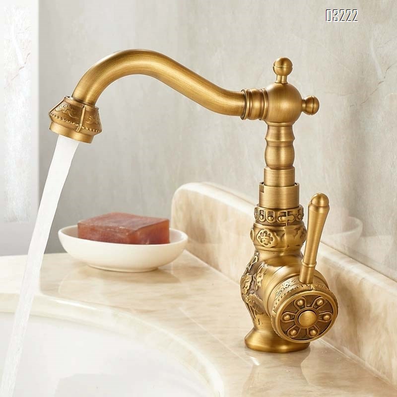 European style thickened antique brass faucet with full Brass carving for vintage bathroom under-counter sink with hot and cold water for home use and anti-freeze