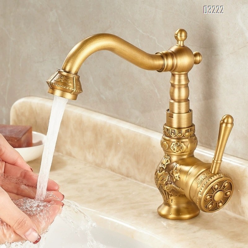 European style thickened antique brass faucet with full Brass carving for vintage bathroom under-counter sink with hot and cold water for home use and anti-freeze
