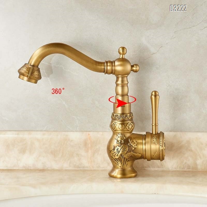 European style thickened antique brass faucet with full Brass carving for vintage bathroom under-counter sink with hot and cold water for home use and anti-freeze