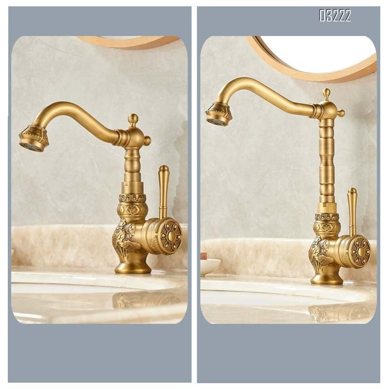 European style thickened antique brass faucet with full Brass carving for vintage bathroom under-counter sink with hot and cold water for home use and anti-freeze