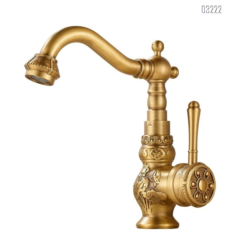 European style thickened antique brass faucet with full Brass carving for vintage bathroom under-counter sink with hot and cold water for home use and anti-freeze