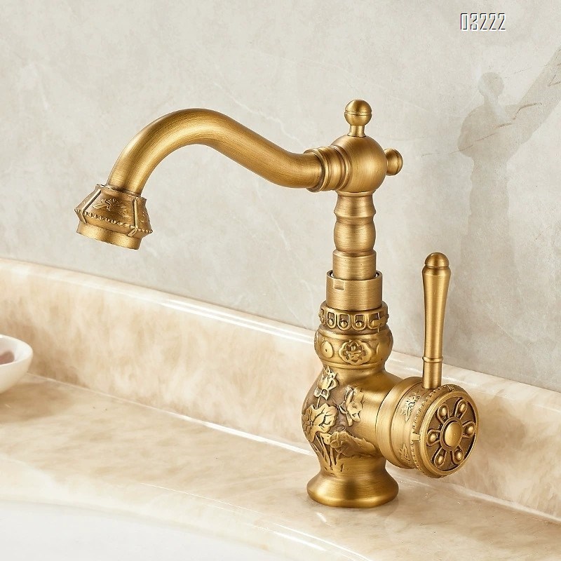 European style thickened antique brass faucet with full Brass carving for vintage bathroom under-counter sink with hot and cold water for home use and anti-freeze