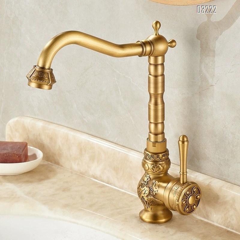 European style thickened antique brass faucet with full Brass carving for vintage bathroom under-counter sink with hot and cold water for home use and anti-freeze