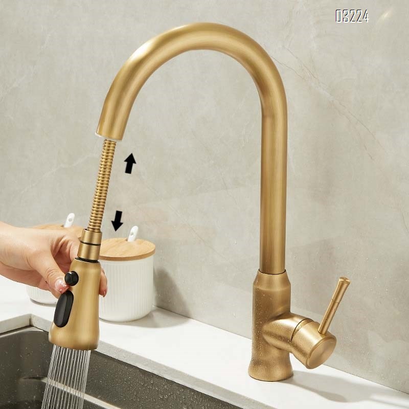 Kitchen pull-down hot and cold water faucet extendable rotating sink splash-proof faucet in antique brass Tap