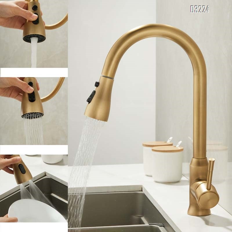 Kitchen pull-down hot and cold water faucet extendable rotating sink splash-proof faucet in antique brass Tap