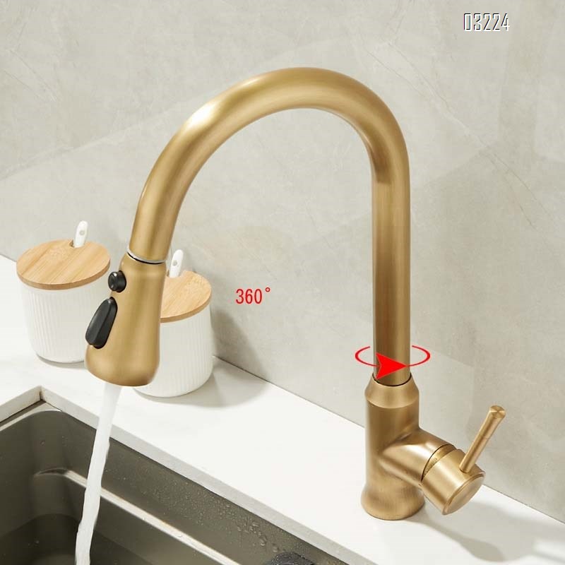Kitchen pull-down hot and cold water faucet extendable rotating sink splash-proof faucet in antique brass Tap