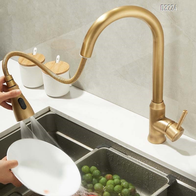 Kitchen pull-down hot and cold water faucet extendable rotating sink splash-proof faucet in antique brass Tap