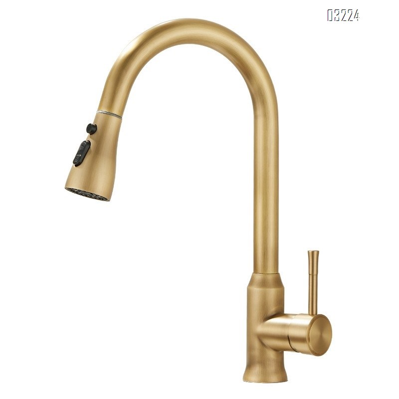 Kitchen pull-down hot and cold water faucet extendable rotating sink splash-proof faucet in antique brass Tap