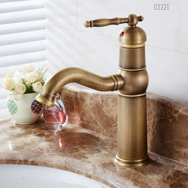 All-Brass antique-style sink faucet with hot and cold water handles rotate 360 degrees European vintage wash basin faucet