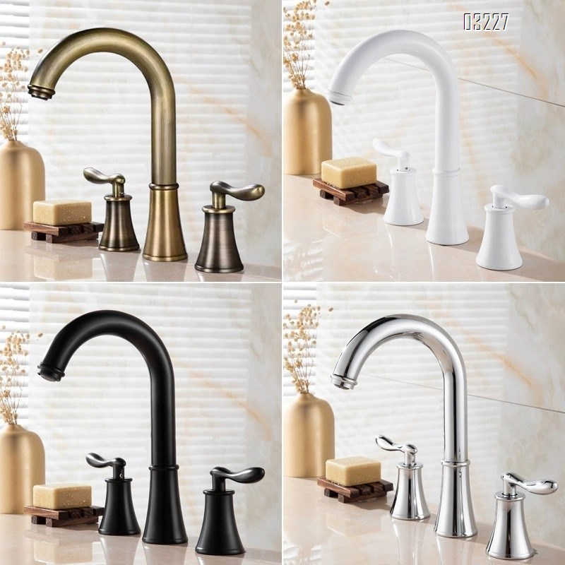 Brass Three-hole Separate Sink Faucet with Rotating Spout Split Type Cold and Hot Water Double-handle European Antique Basin Tap