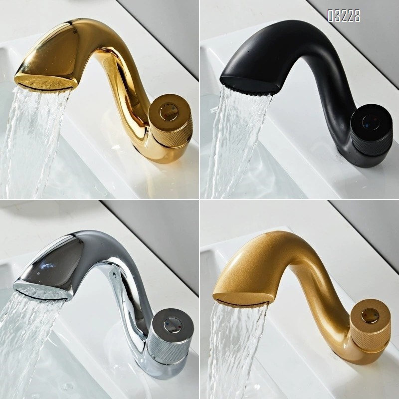 Luxury Brass Home Use Hot and Cold Water Faucet Under-Sink Basin Faucet Golden Creative Bathroom Waterfall Style Sink Tap