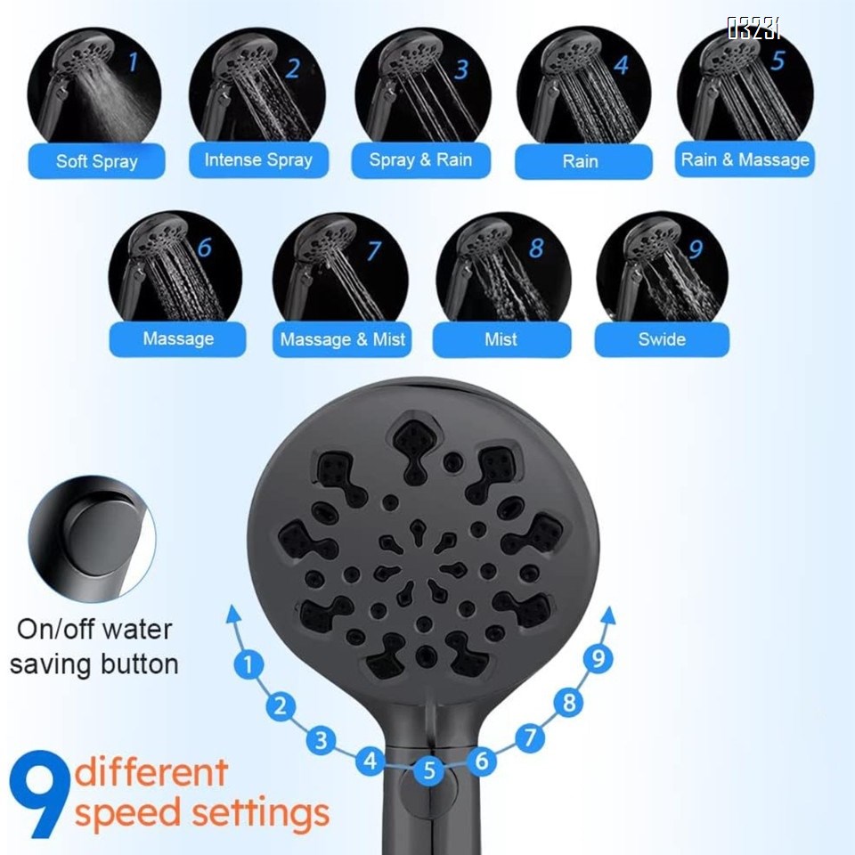 Handheld Shower Head, 9 Spray Setting High Pressure Shower Head WithBracket and Stainless Steel Hose