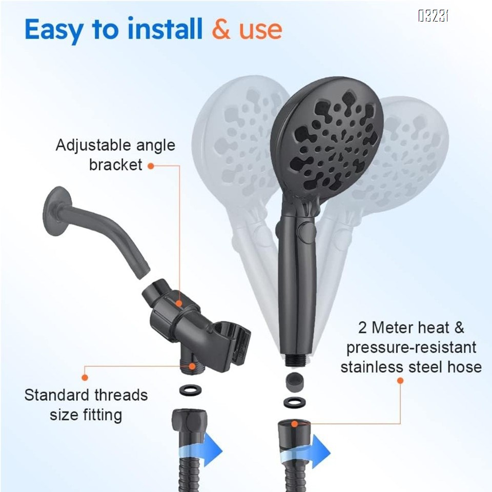 Handheld Shower Head, 9 Spray Setting High Pressure Shower Head WithBracket and Stainless Steel Hose