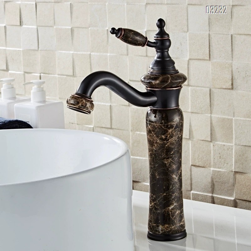 European natural jade stone countertop basin cold and hot water faucet all Brass black American art basin marble antique faucet