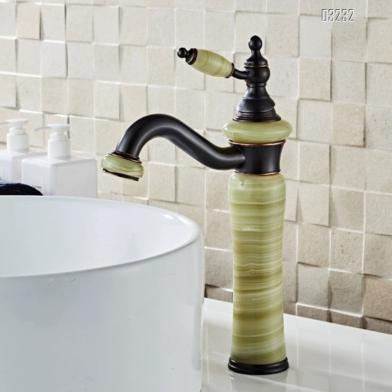 European natural jade stone countertop basin cold and hot water faucet all Brass black American art basin marble antique faucet
