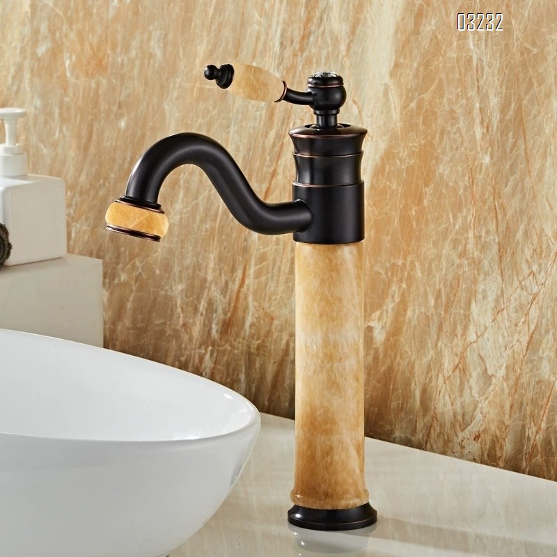 European natural jade stone countertop basin cold and hot water faucet all Brass black American art basin marble antique faucet
