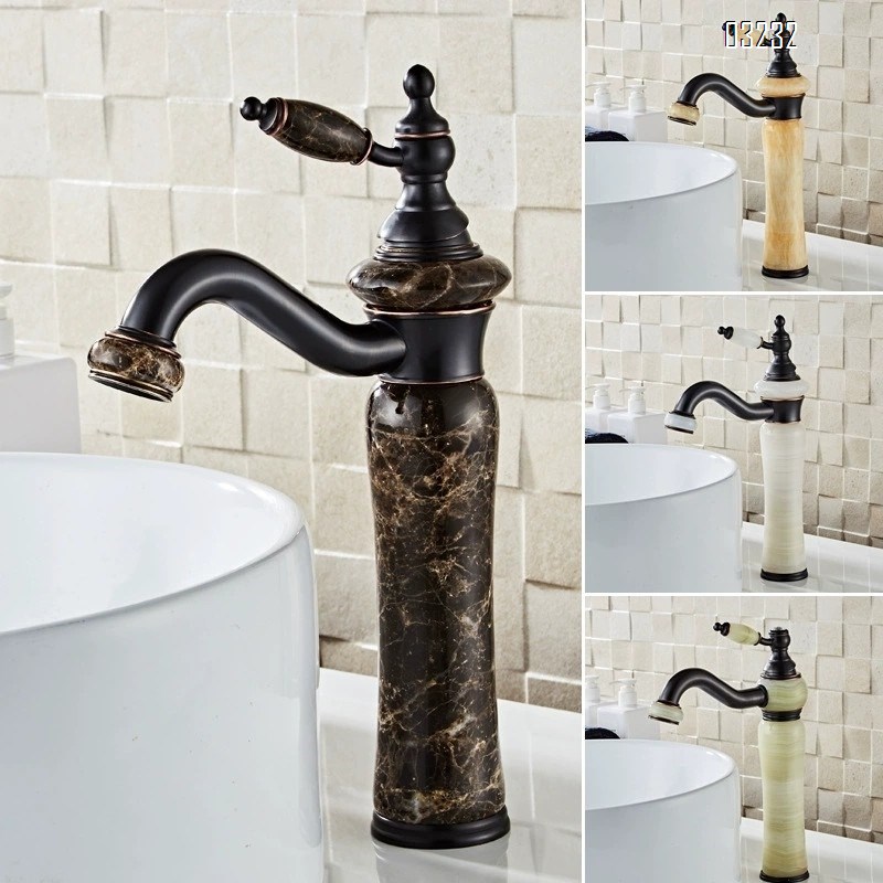 European natural jade stone countertop basin cold and hot water faucet all Brass black American art basin marble antique faucet