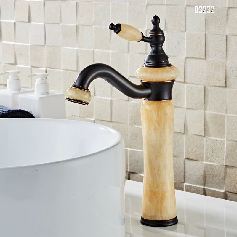 European natural jade stone countertop basin cold and hot water faucet all Brass black American art basin marble antique faucet
