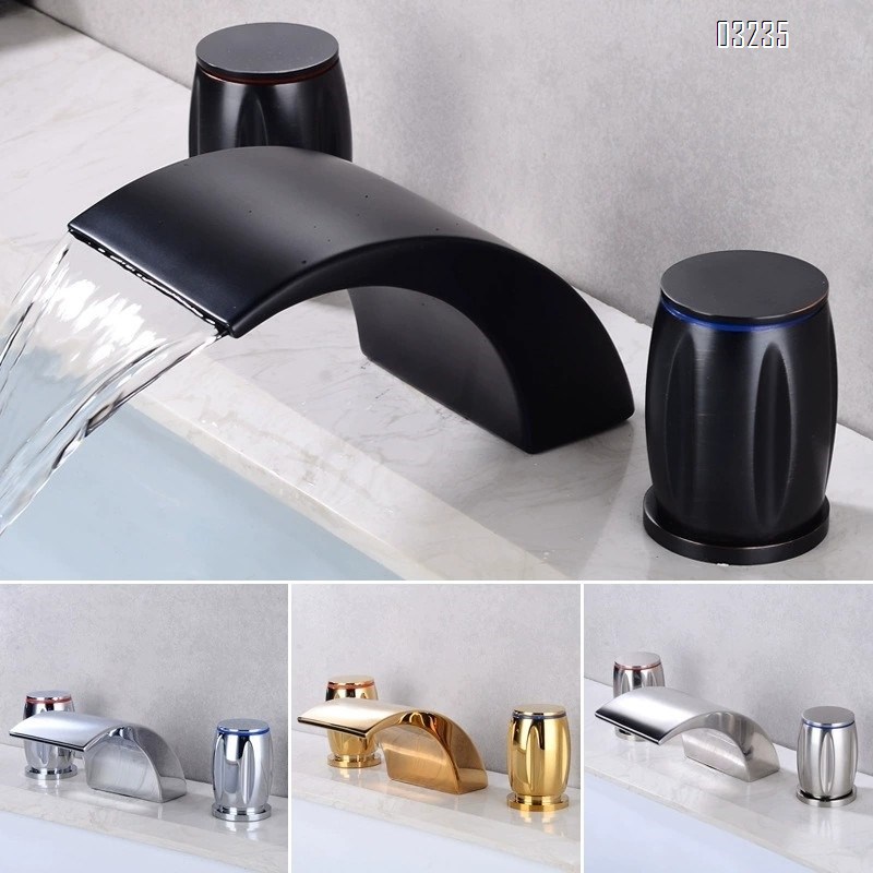 Waterfall faucet with cold and hot water all Brass bathtub and basin faucet with two handles and three holes Separate Basin Faucet