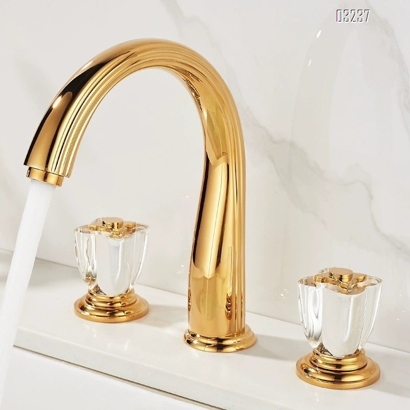 French all-Brass bathroom golden three-hole washbasin cold and hot water faucet separate crystal wash basin faucet