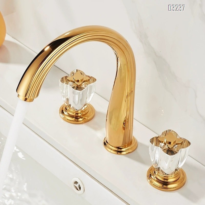 French all-Brass bathroom golden three-hole washbasin cold and hot water faucet separate crystal wash basin faucet