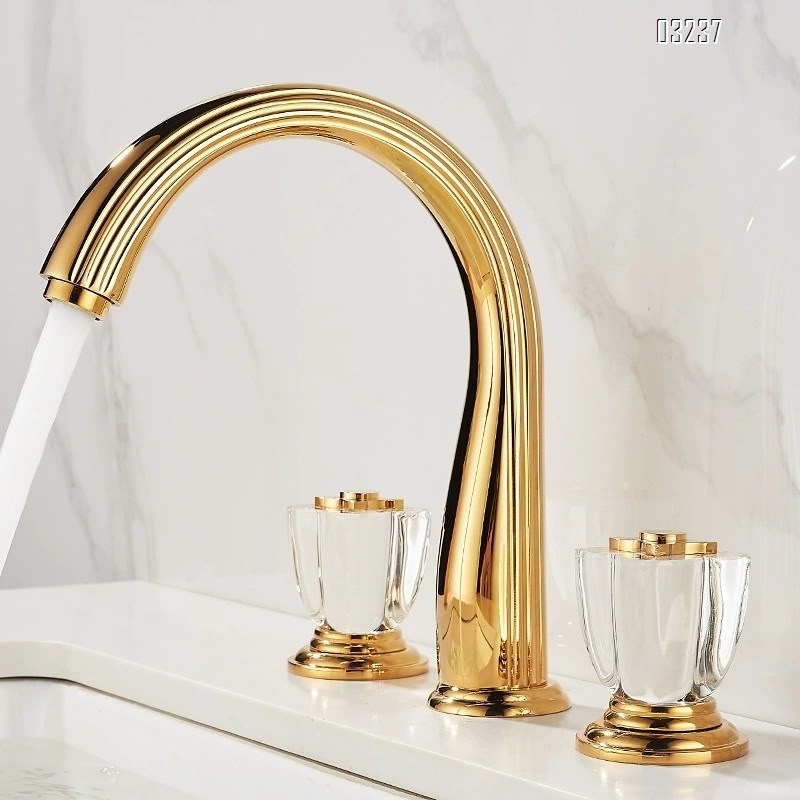 French all-Brass bathroom golden three-hole washbasin cold and hot water faucet separate crystal wash basin faucet