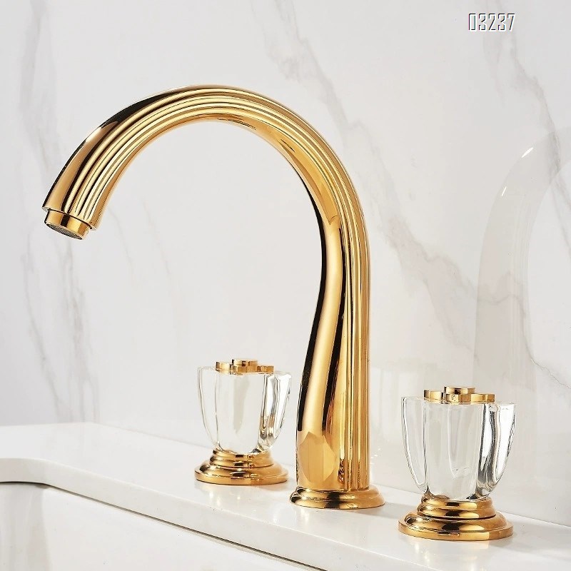 French all-Brass bathroom golden three-hole washbasin cold and hot water faucet separate crystal wash basin faucet