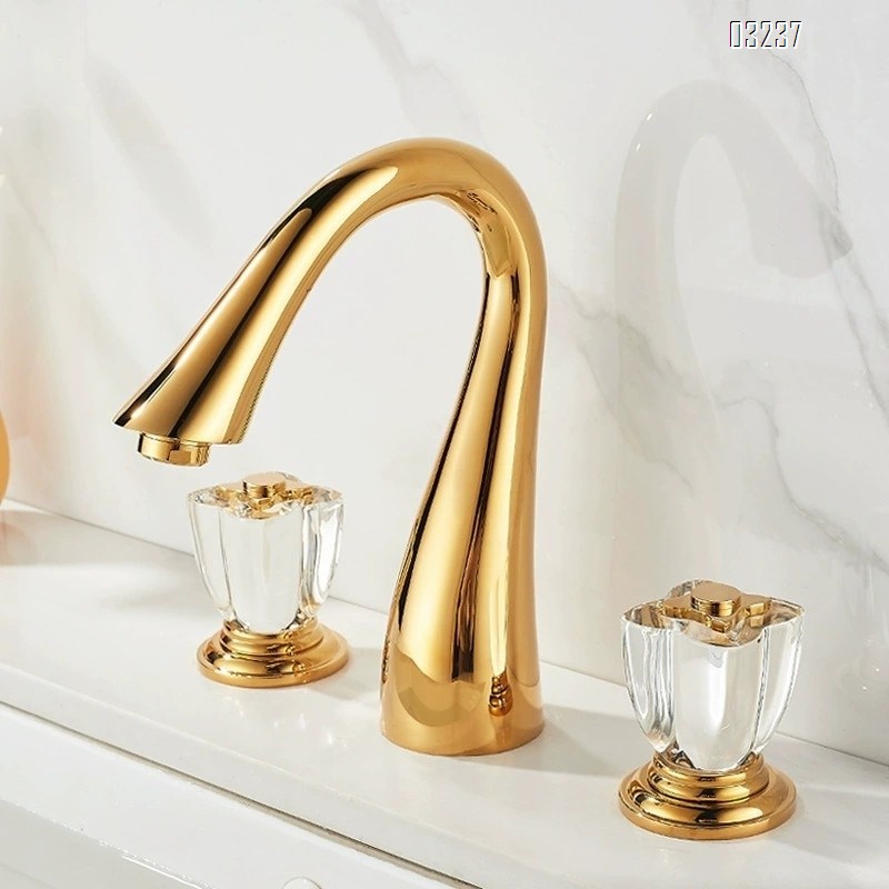 French all-Brass bathroom golden three-hole washbasin cold and hot water faucet separate crystal wash basin faucet