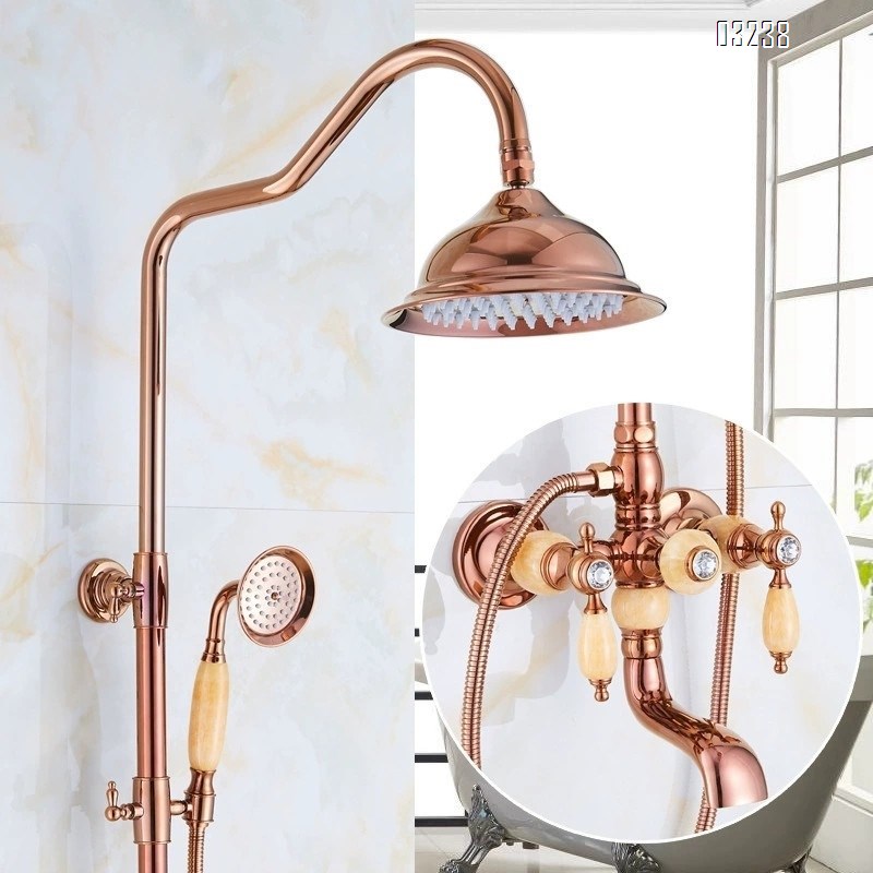 American full Brass natural jade stone rose gold shower head set European style imitation antique retro hot and cold water faucet