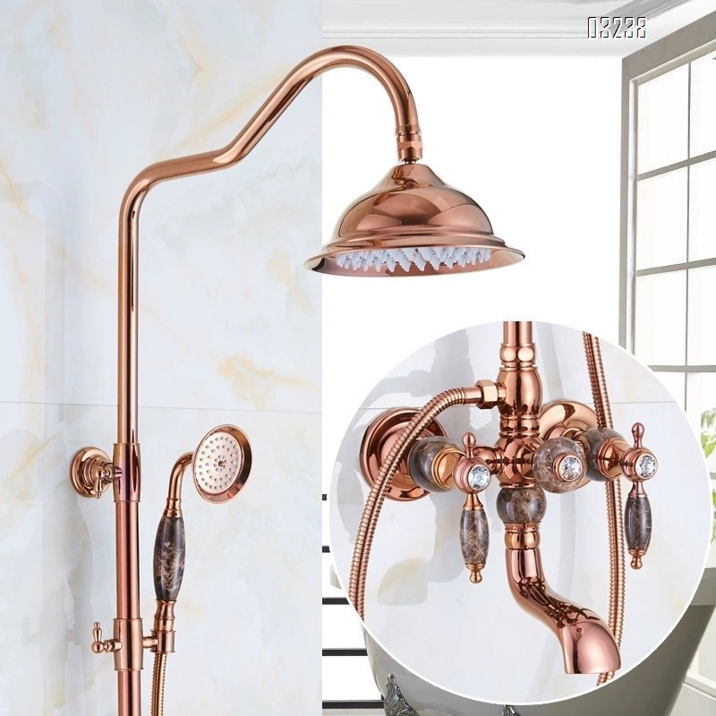 American full Brass natural jade stone rose gold shower head set European style imitation antique retro hot and cold water faucet