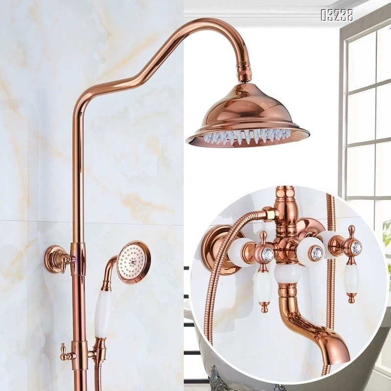 American full Brass natural jade stone rose gold shower head set European style imitation antique retro hot and cold water faucet