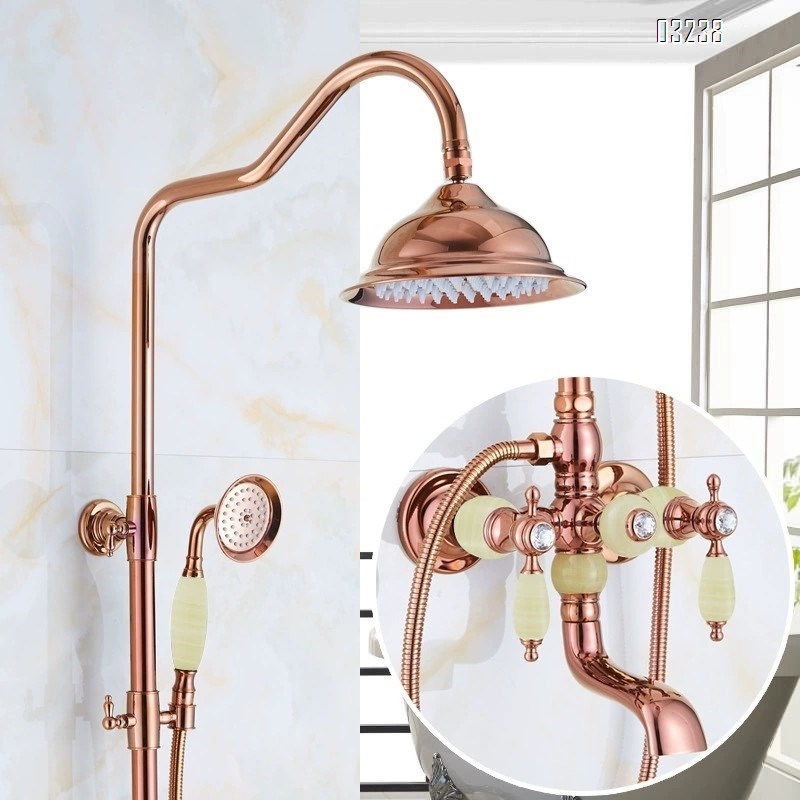 American full Brass natural jade stone rose gold shower head set European style imitation antique retro hot and cold water faucet