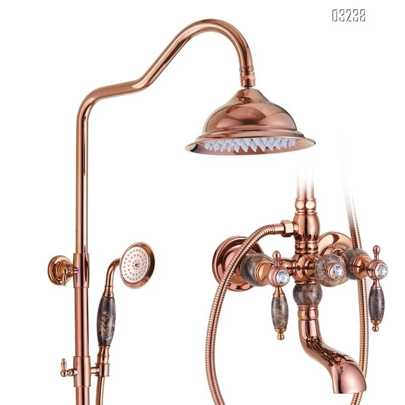 American full Brass natural jade stone rose gold shower head set European style imitation antique retro hot and cold water faucet