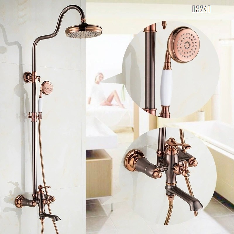 Full Brass rose gold brown antique shower head with European vintage and American style shower set with liftable faucet
