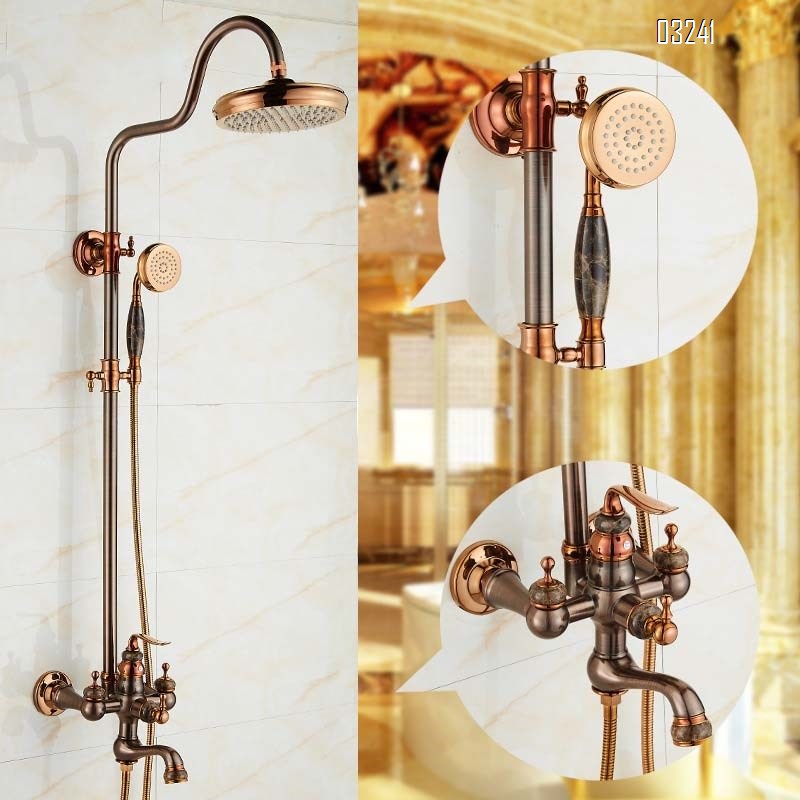 American natural jade shower head set rose gold brown antique Brass European all-Brass imitation antique hot and cold water faucet
