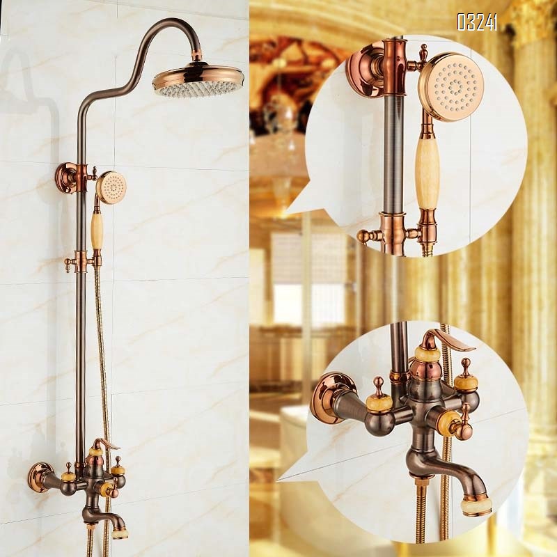 American natural jade shower head set rose gold brown antique Brass European all-Brass imitation antique hot and cold water faucet