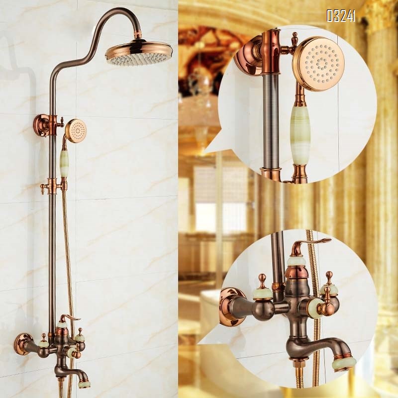 American natural jade shower head set rose gold brown antique Brass European all-Brass imitation antique hot and cold water faucet