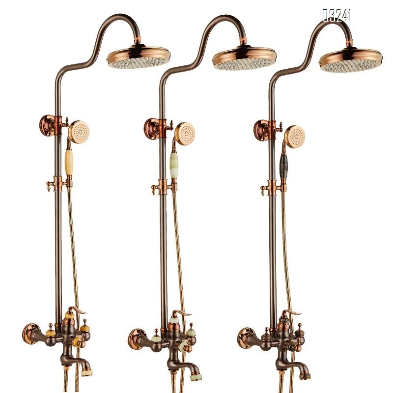 American natural jade shower head set rose gold brown antique Brass European all-Brass imitation antique hot and cold water faucet