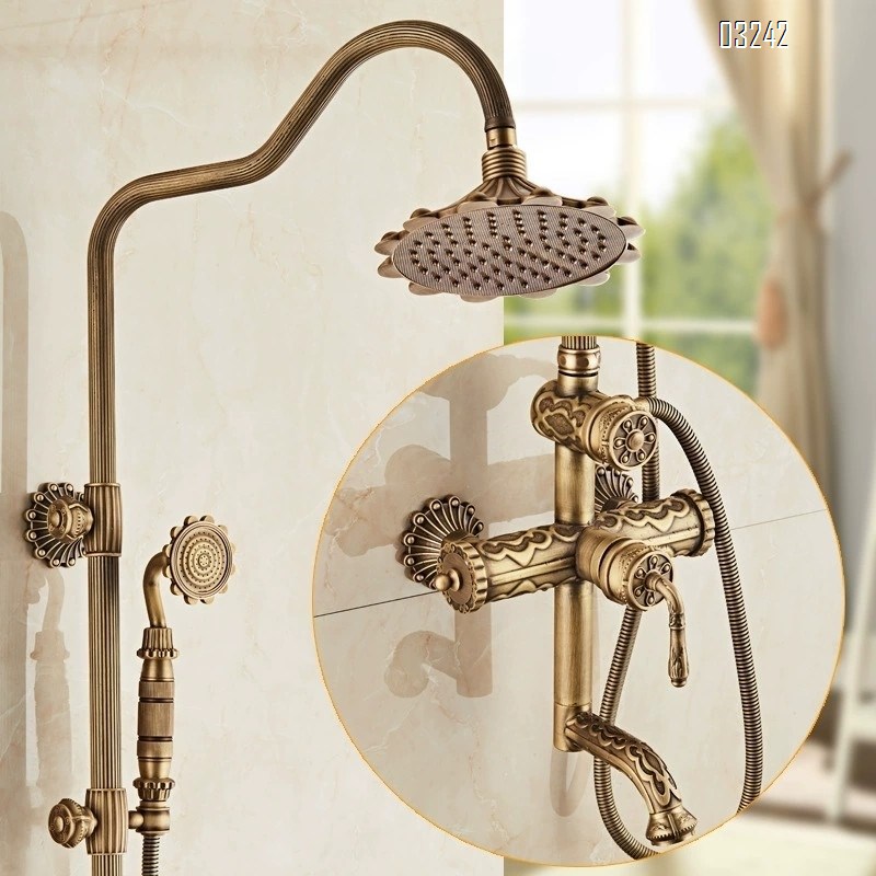 Full Brass European style vintage carved shower set with cold and hot water faucet rotatable and liftable shower mixer valve