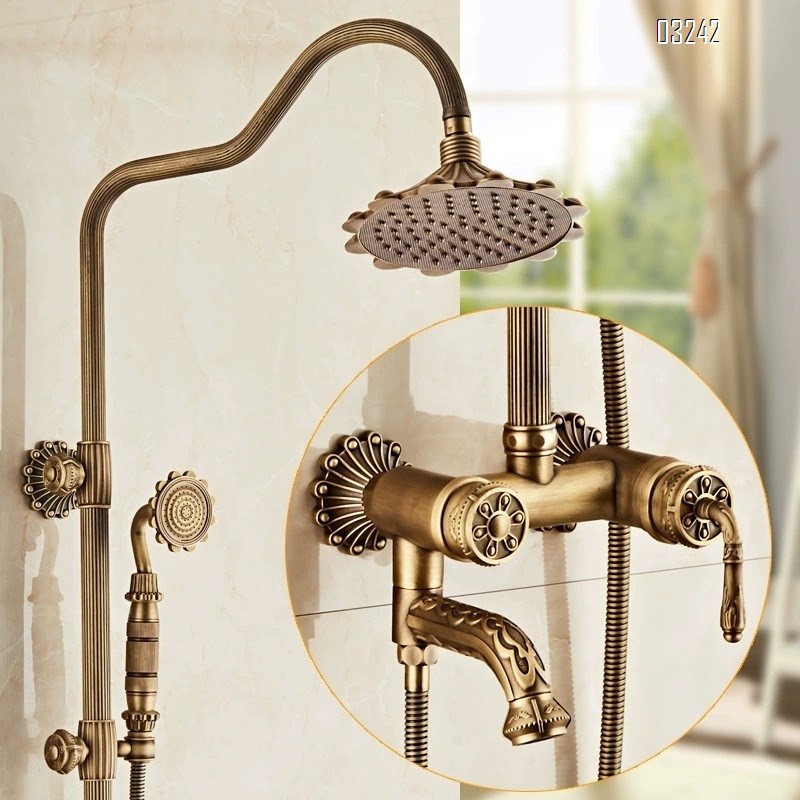 Full Brass European style vintage carved shower set with cold and hot water faucet rotatable and liftable shower mixer valve