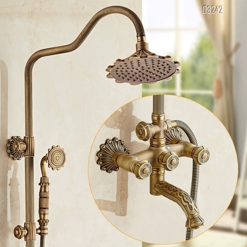 Full Brass European style vintage carved shower set with cold and hot water faucet rotatable and liftable shower mixer valve