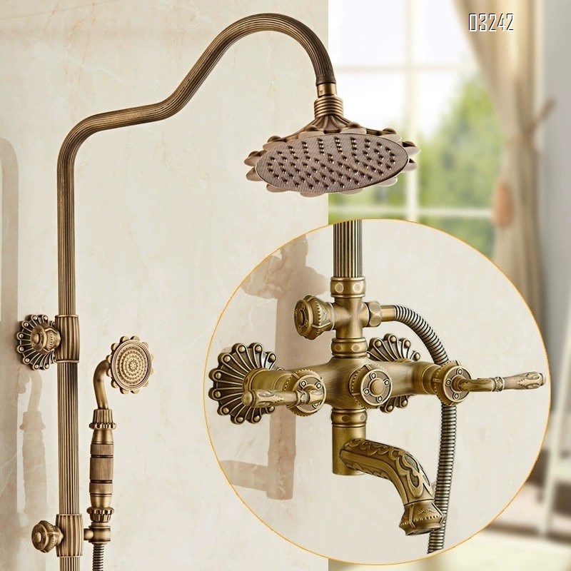 Full Brass European style vintage carved shower set with cold and hot water faucet rotatable and liftable shower mixer valve