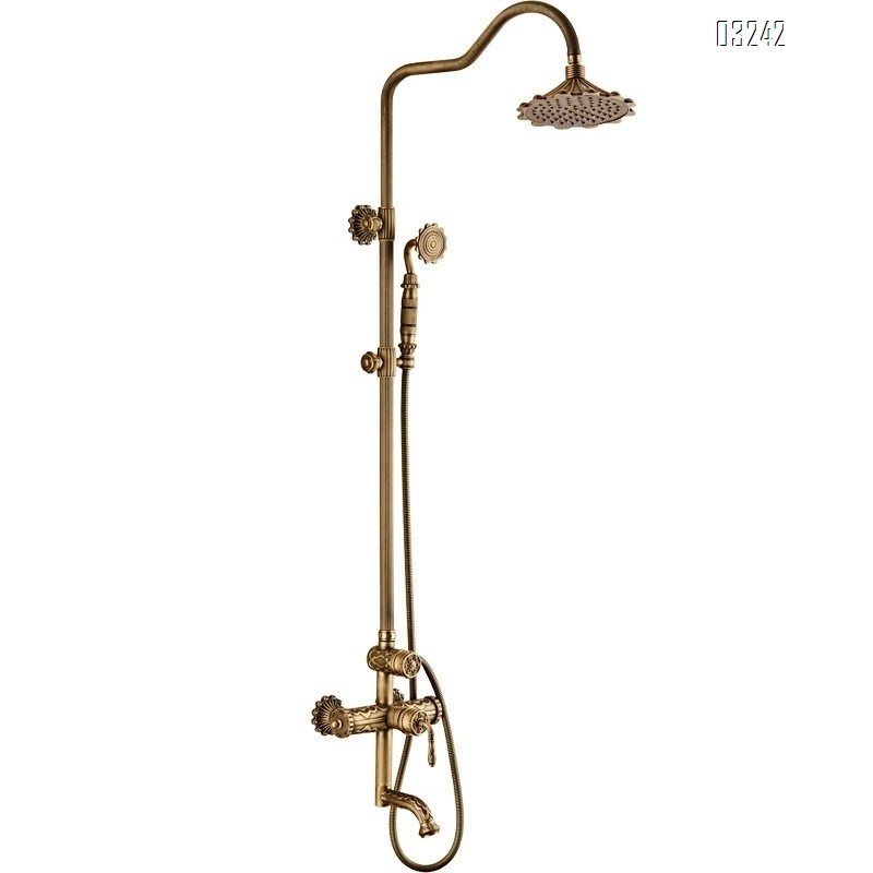 Full Brass European style vintage carved shower set with cold and hot water faucet rotatable and liftable shower mixer valve